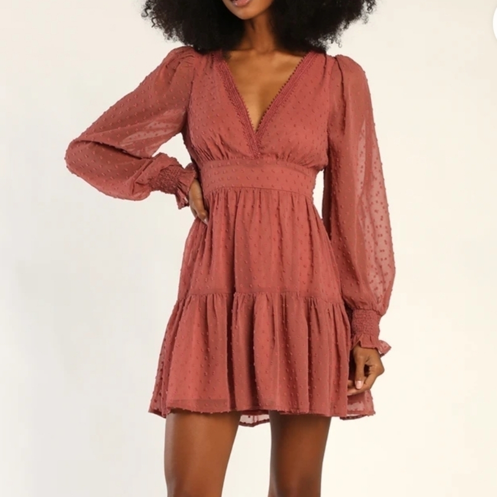 NWT Lulu's Charming Approach Rusty Rose Swiss Dot Tiered Mini Dress